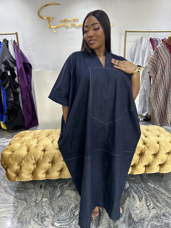 Denim Midi Agbada Kaftan - Blue