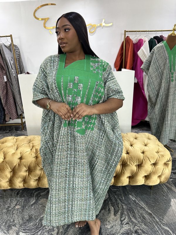 Tweed Midi Agbada Kaftan -Green