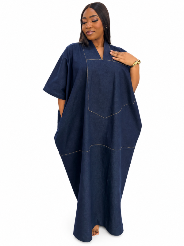 Denim Midi Agbada Kaftan - Blue